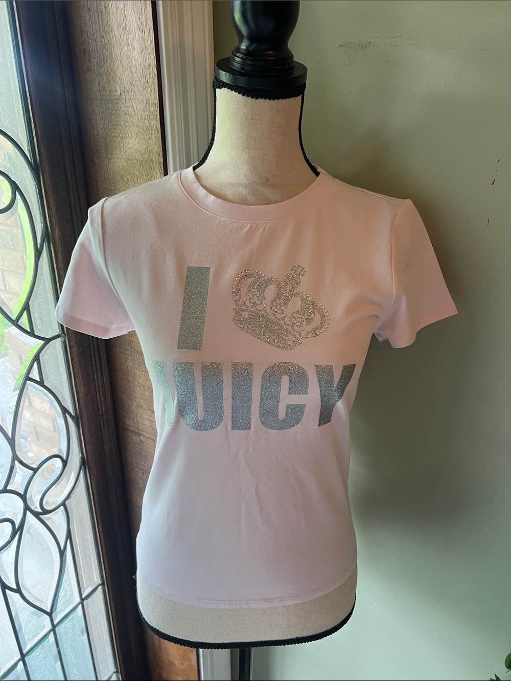 Juicy Couture Light Pink Tee with Silver Glitter 'I JUICY' Logo and Crown